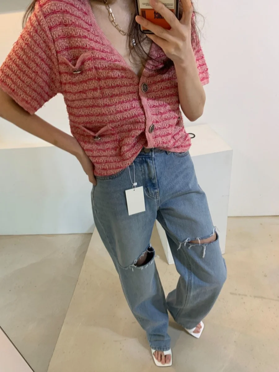 

Chic Summer New Pink Retro Thin Knitted Open Cardigan V-ne ort Sve Women's Jaet Lightweight Breathable Comfortable