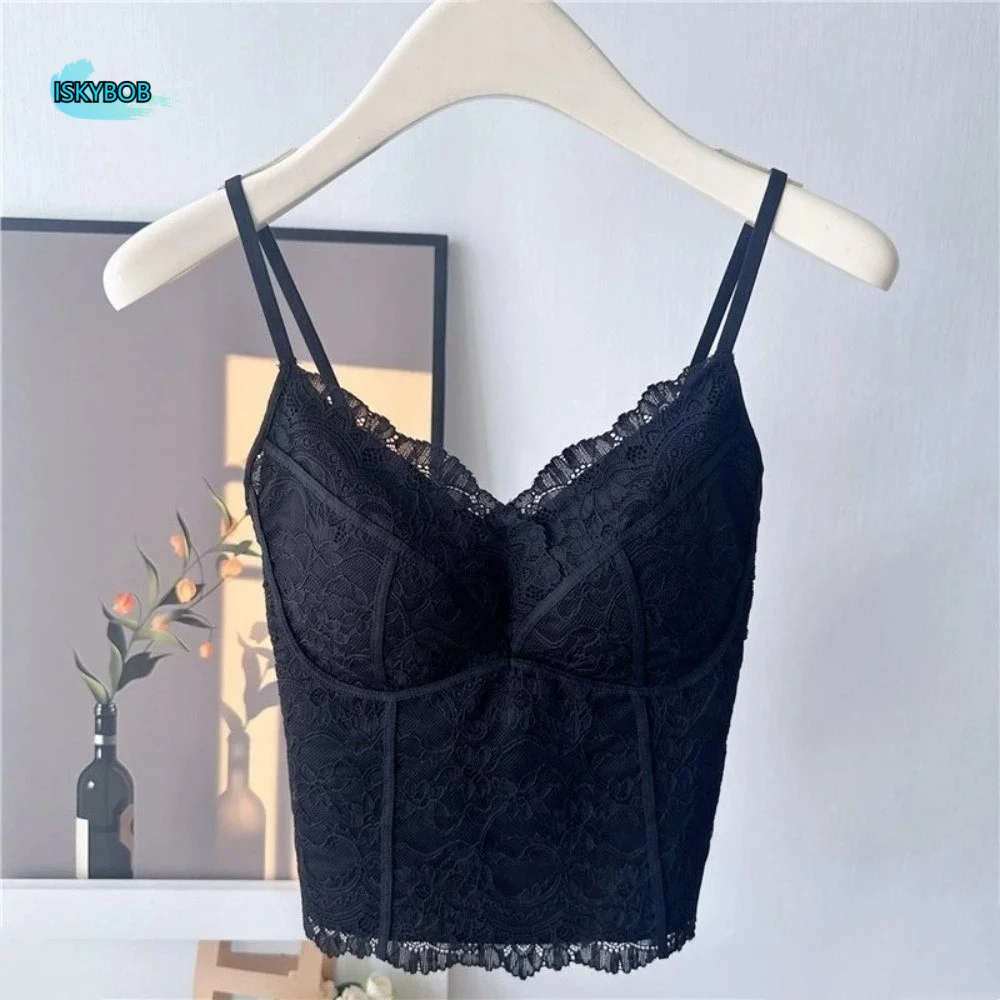 

Ins Chic Mesh Flower Slim Lace Crop Top Sweet Camisoles Summer Girl's Vest Top Bottoming Shirt Slim Fit Camisole with Pads Women