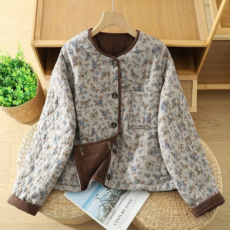 Koreanischer Retro-Blumen-Baumwolljacke für Damen, Herbst-Frühling 2026 Mode, Warme Rundhals-Kurz-Steppjacke
