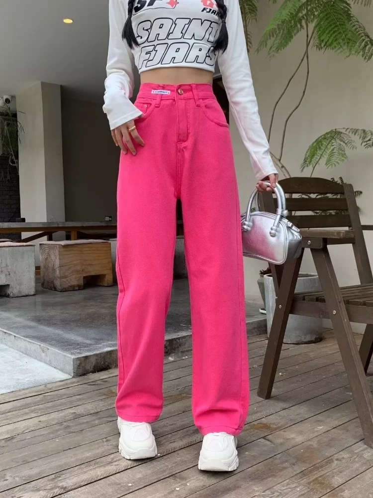 2024 Ropa Y2K Fashion Rose Red Korean Casual Slim Jeans Pants For Women Clothes High Waist Underwear Lady Cotton Long Trousers