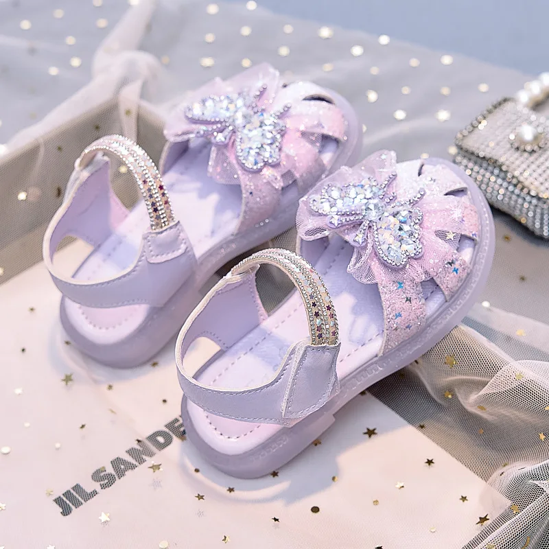 Shining Girls' Sandals 2025 Summer New Children's Closed Toe Beach Shoes Little Kids Sequin Butterfly Knot Elegant Flat Shoes