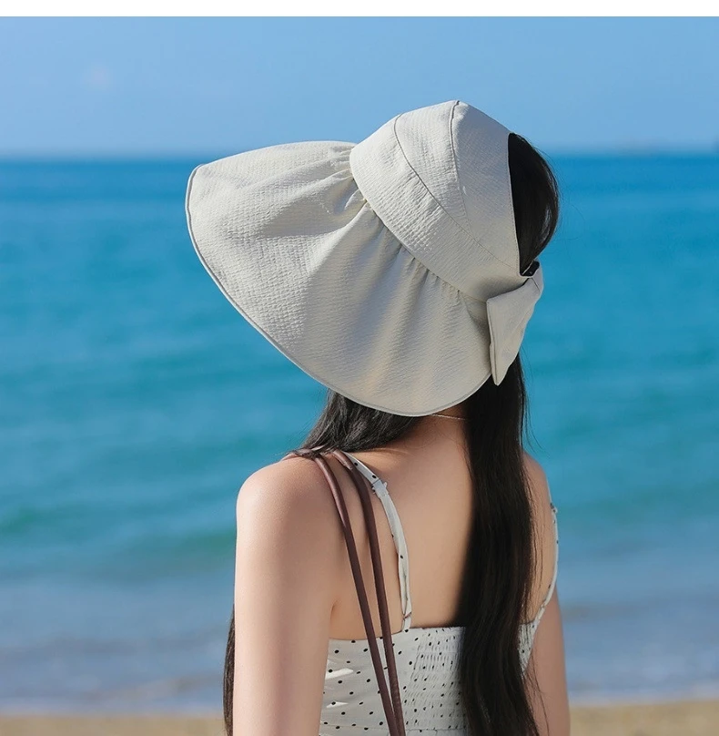 

Hollow Top Hat Women Korean Solid Large-Brimmed UV UPF50+ Black Rubber Sunscreen Hat Outdoor Outing Sunshade Hat Ponytail Hat