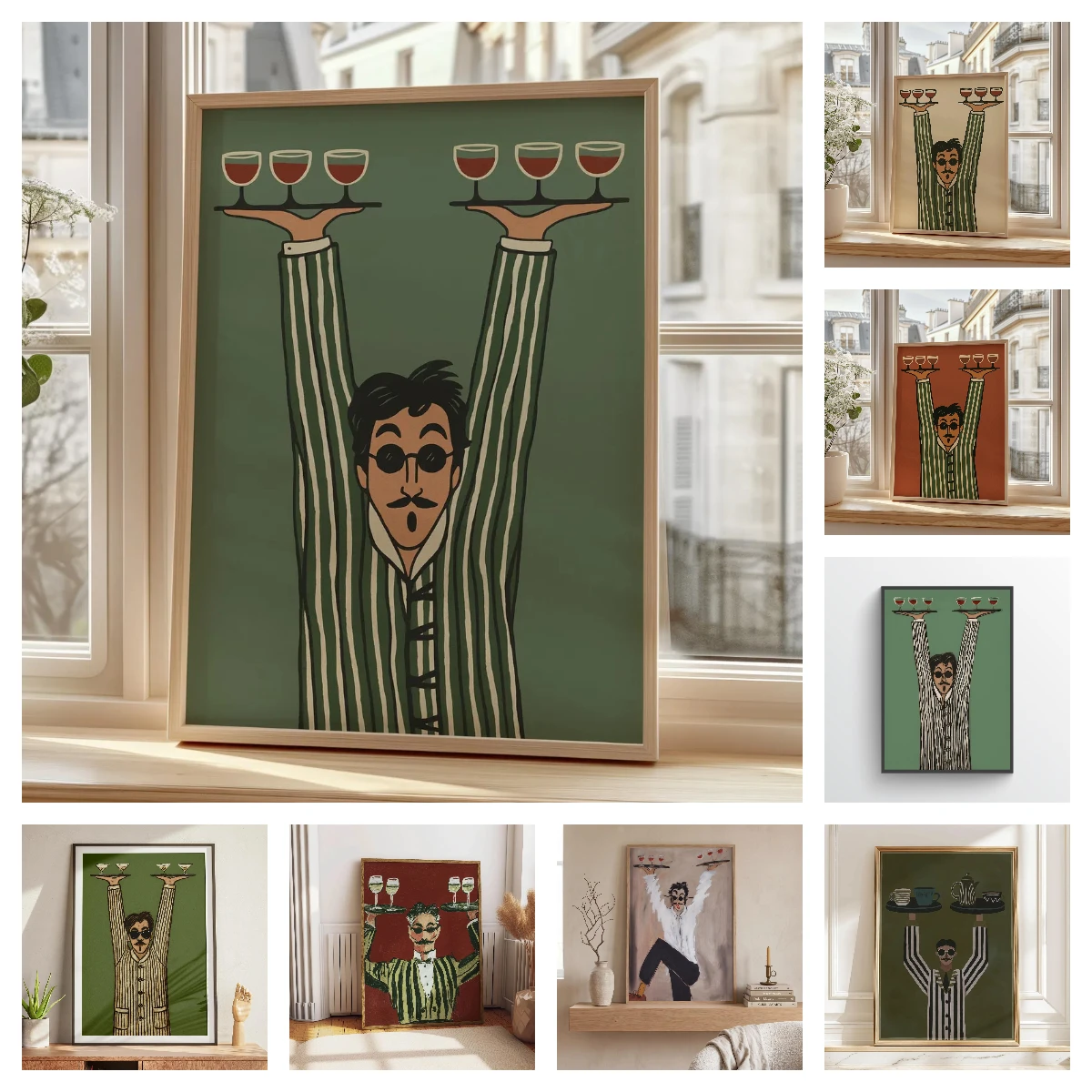 Abstrakter Vintage-Kunstdruck auf Leinwand mit Kellner, der ein Glas anhebt, minimalistisches Linien-Wanddekor-Poster, modernes Poster für lustige Küchendekoration
