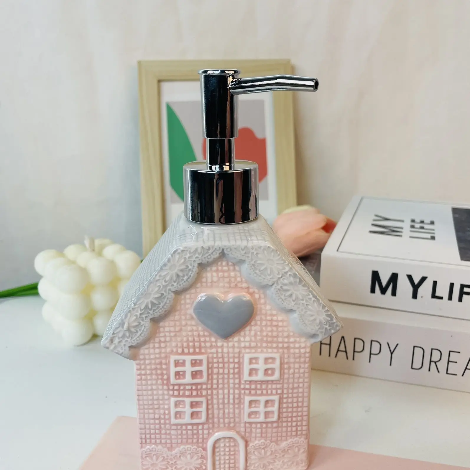 

Pink Cottage Cartoon Ceramic Hand Sanitizer Press Bottle Empty Bottle Body Wash Shampoo Body Lotion Refill Bathroom