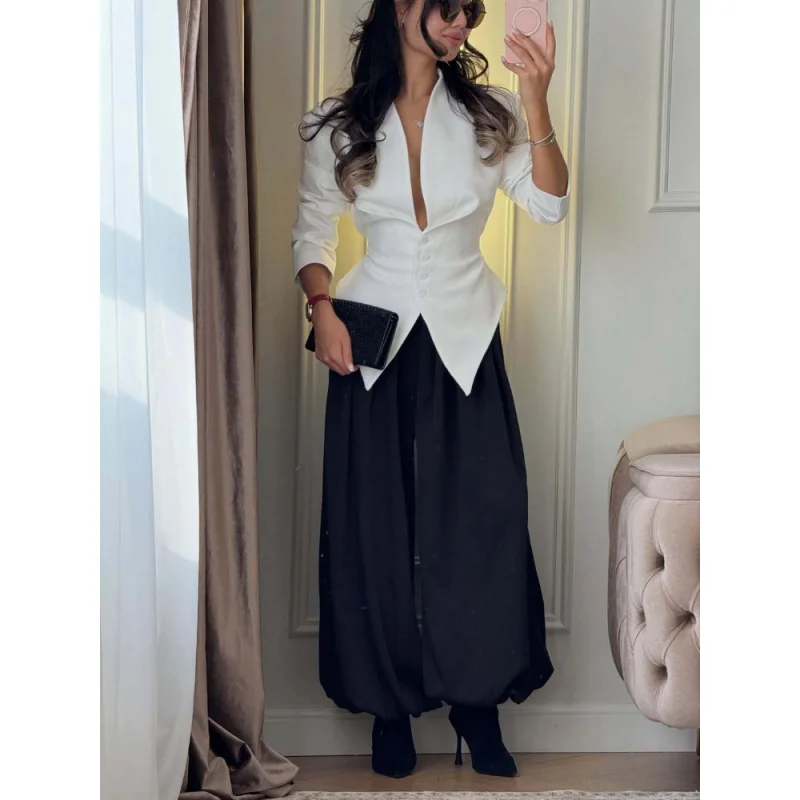 Elegant Lace Up Blazer Jacket Waist Cinching Irregular Hem V Neck Single Breasted Women's Suit Lady New Commute Fashion Clothing