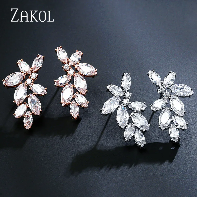ZAKOL Fashion Marquise Cut Cubic Zirconia Stud Earrings for Women Trendy Leaf Bridal Dinner Dress Wedding Jewelry FSEP2349