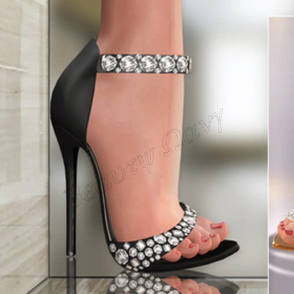 

Black Crystal Decor Sandals Cover Heel Open Toe Thin High Heel Shoes for Women Round Toe High Heels 2023 Zapatos Para Mujere