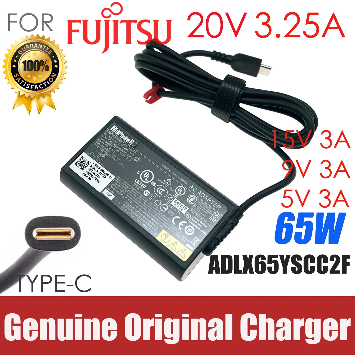 

Оригинальное зарядное устройство переменного тока 65 Вт, 20 В, 3,25 А, USB-C типа C для источника питания Fujitsu ADLX65YSCC2F ADLX65YSCC3F, оригинальный UH93 G2 U9311