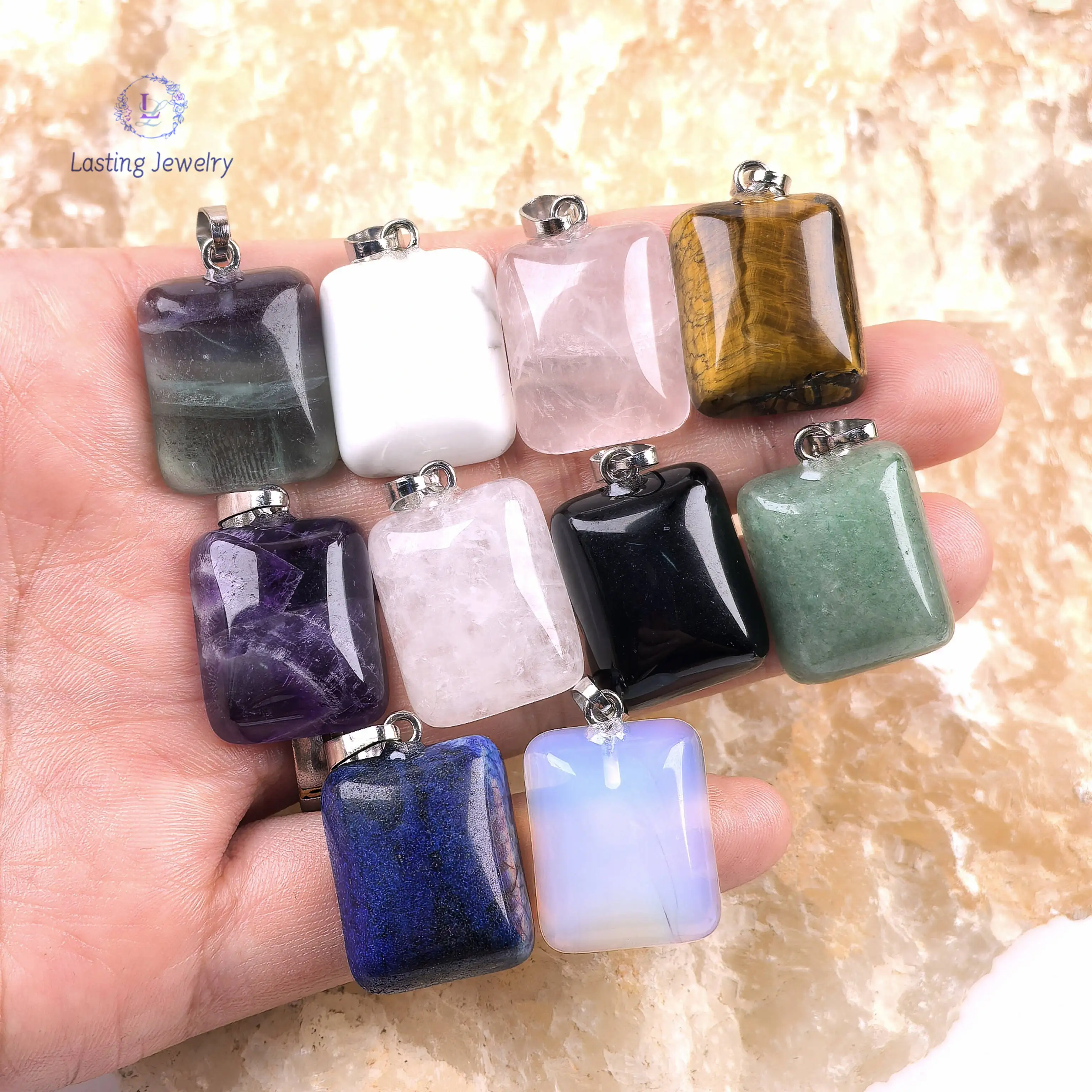 

Natural Gemstone Rectangle Cabochon Pendants Healing Crystal Charms Fluorite Rose Quartz Amethyst Pendulum Necklace Jewelry