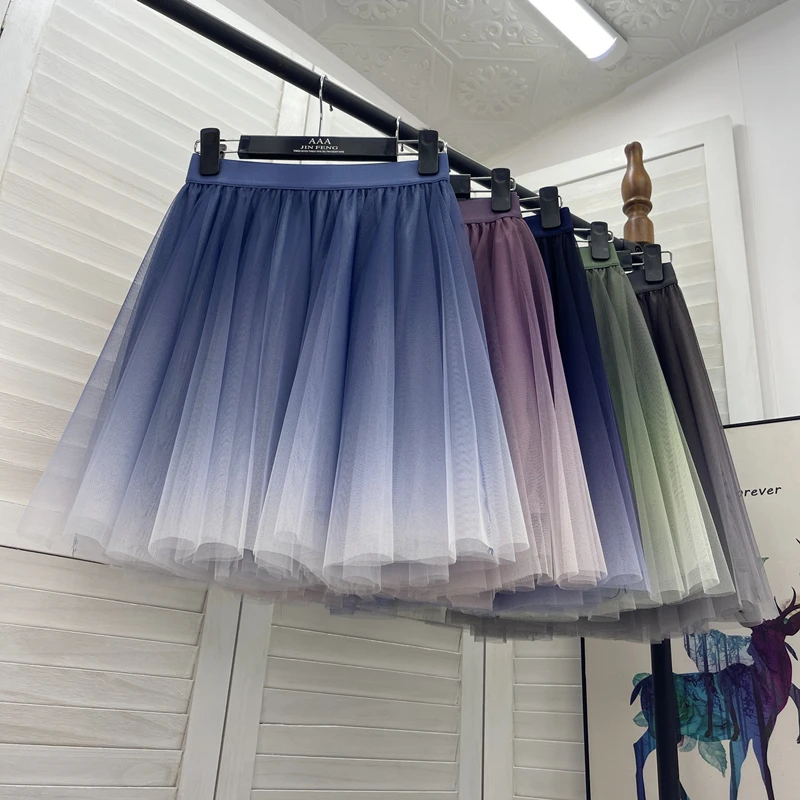 Graduated Color Mesh Short Skirt Women\'s High Waist A-Line Maxi Skirt Versatile Fluffy Base Half-length Skirt Summer Korean S...