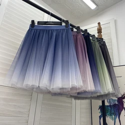 Graduated Color Mesh Short Skirt Women's High Waist A-Line Maxi Skirt Versatile Fluffy Base Half-length Skirt Summer Korean S...