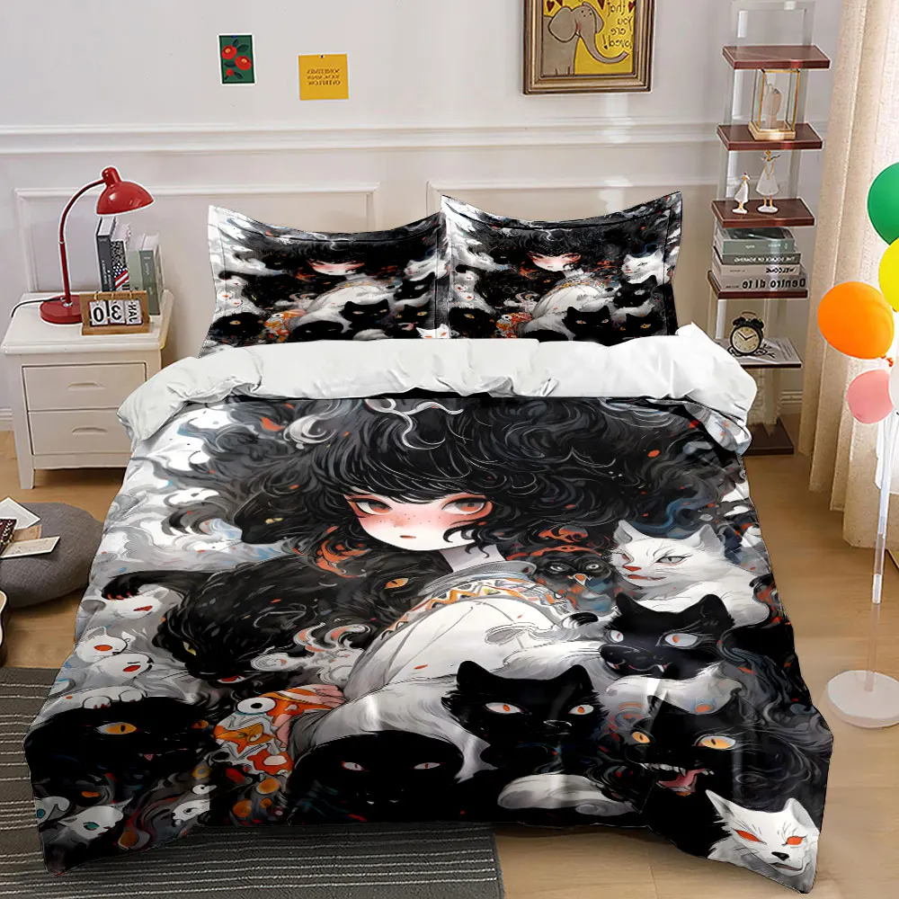 Girl with Mysterious Cat Horde Print Bedding Set 1 Duvet Cover 2 Pillowcases for Adult and Children Luxury Gift Full Size