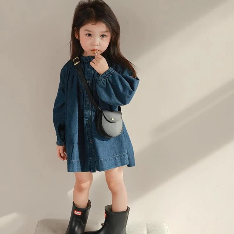 Girls Denim Dresses Fashion Stand-up Collar Washed Mini Dress Spring and Autumn Single-breasted Jacket Coats Children's Clothing