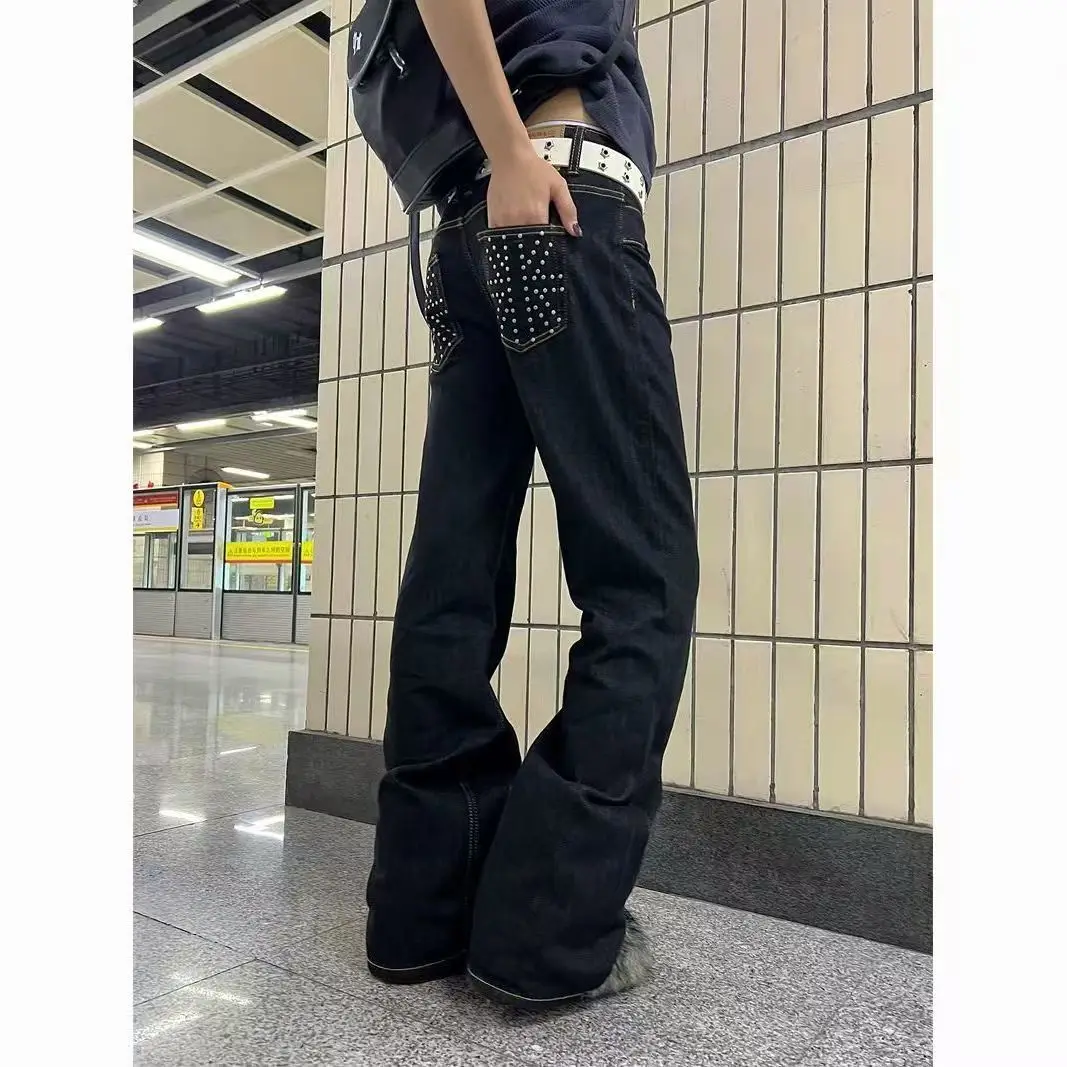 

American Retro Hot Girl Low Waist Heavy Industry Rivet Jeans Women Gothic High Street Fashion New Trend Casual Straight Jeans