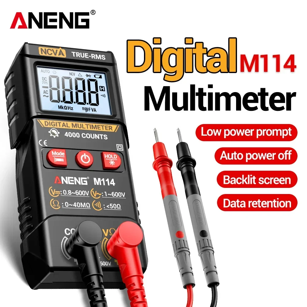 ANENG M114 Handheld Digital Multimeter 4000 Count AC DC Voltage NCV Backlight Data Hold Flashlight Auto Power Off Meter Tools