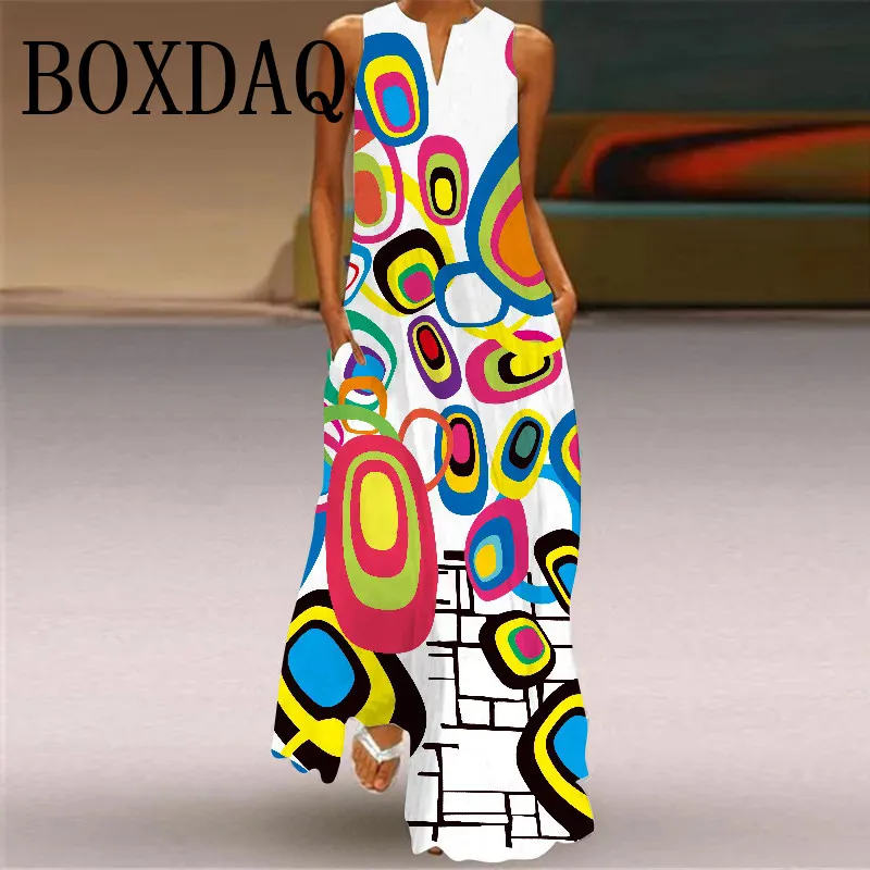 Summer Vintage Loose Straight Hem dress Elegant Pocket Boho Beach Sundress Dress Fashion Print V-Neck Sleeveless Women Vestidos