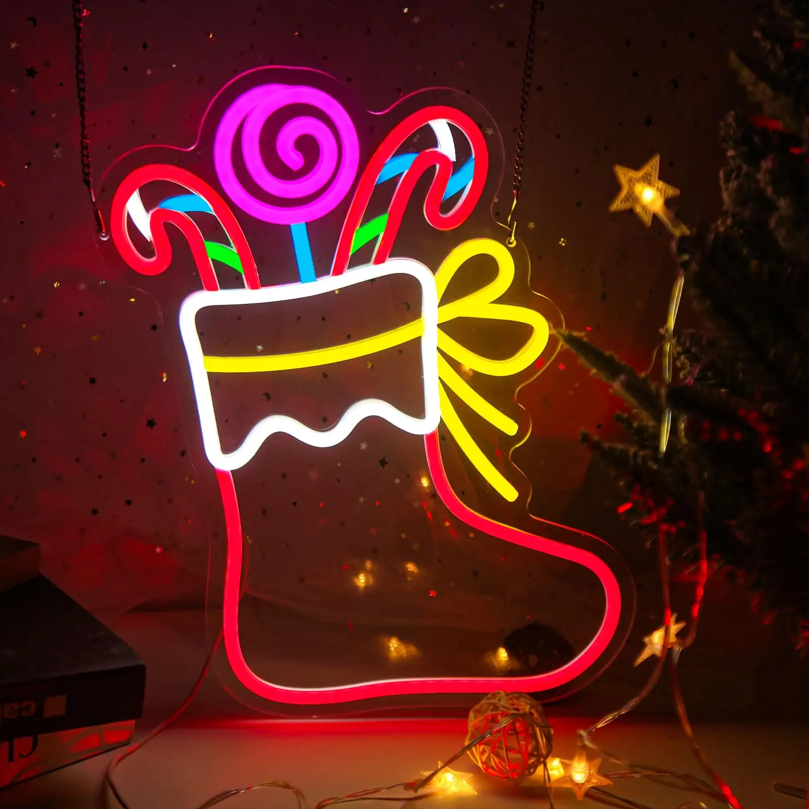 クリスマスストッキング-led-ネオンサイン-壁飾り-調光可能ライト-室内-ホリデーパーティー-子供部屋-リビングルーム-バー-パブ-クリスマスツリー