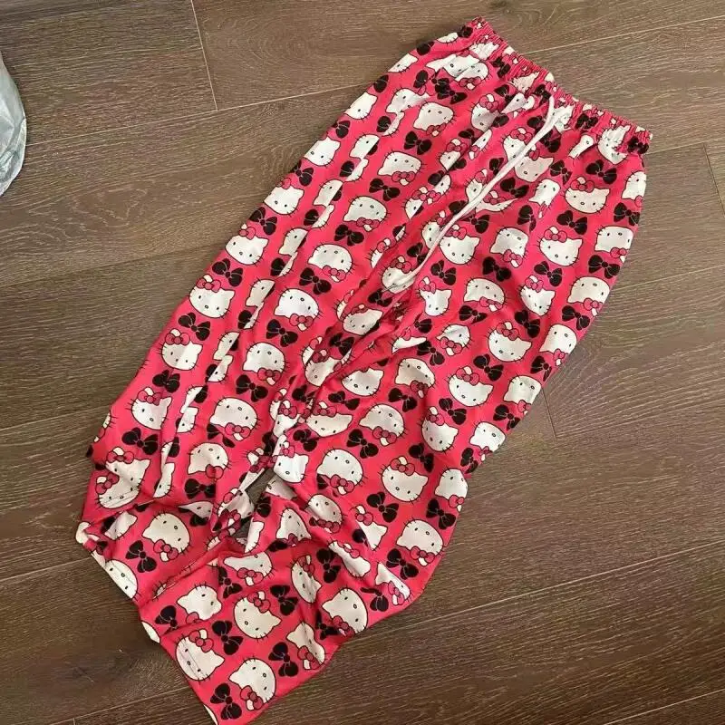 Sweet Hello Kitty Popular Printed Cartoon Pajamas Summer Outer Wear Ins High Waist Casual Home Trousers Walking Pants Fashion