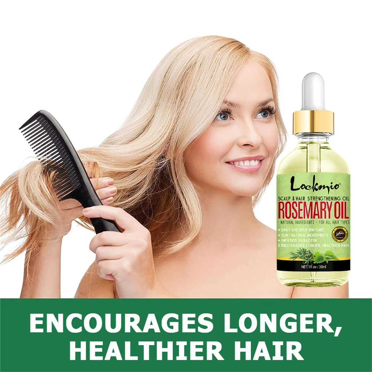LOCKMIO Natural Rosemary Oil Massage Scalp Moisturizing Nourish Strengthen Hair-Root Promote Hair Growth Hair Care Oil with Comb
