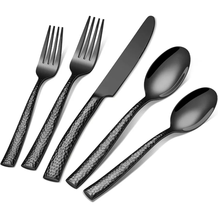 

20Piece Black Silverware Set Stainless Steel Hammered Flatware Cutlery Set for 4 Mirror Polished Kitchen Utensils included Blac