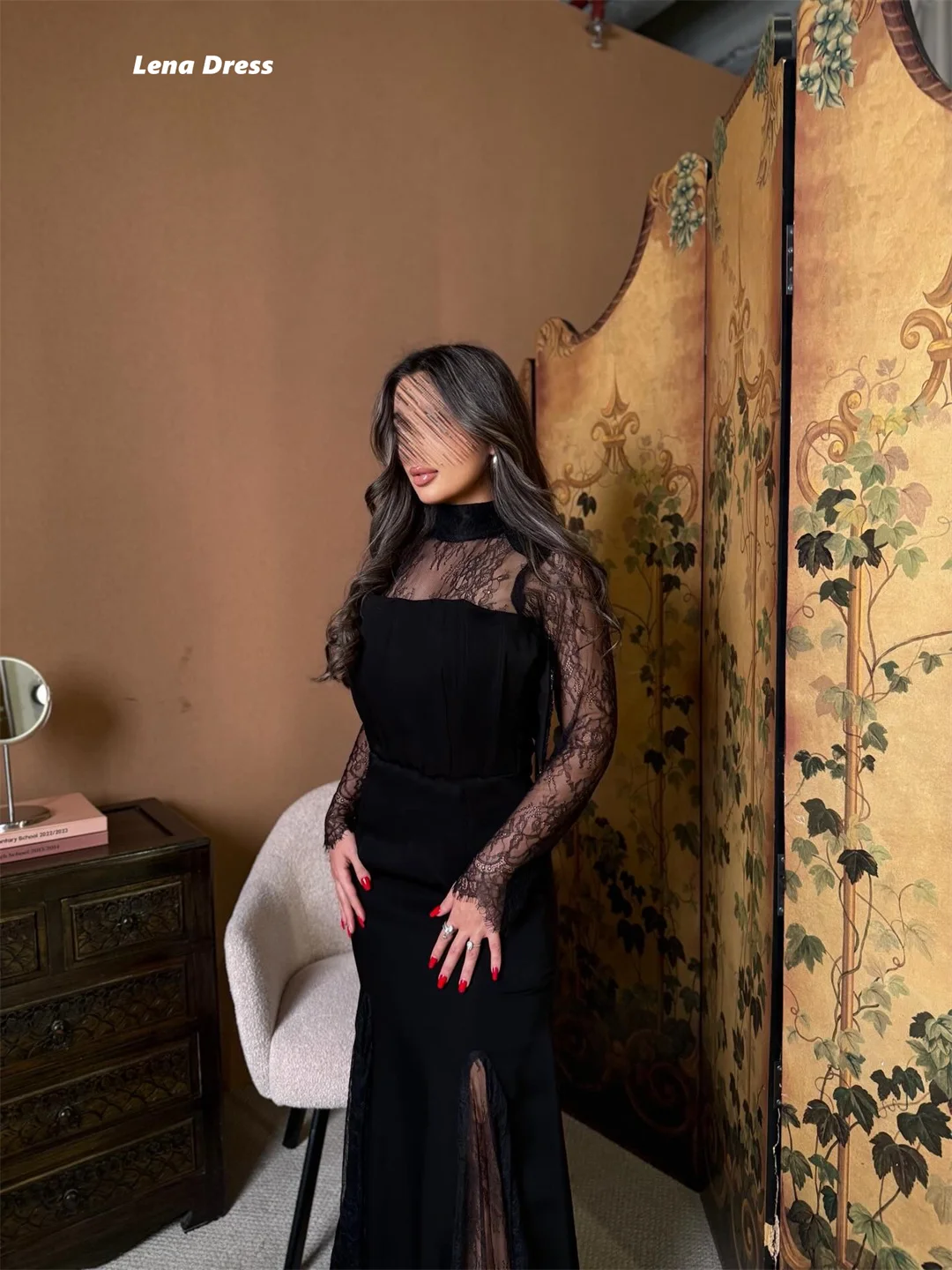 レナ カスタム エレガント パーティードレス 高級 2025 高級イブニングドレス ラウンドネック ブラック ロングスリーブ レース ローブ ソワレ ボールガウン