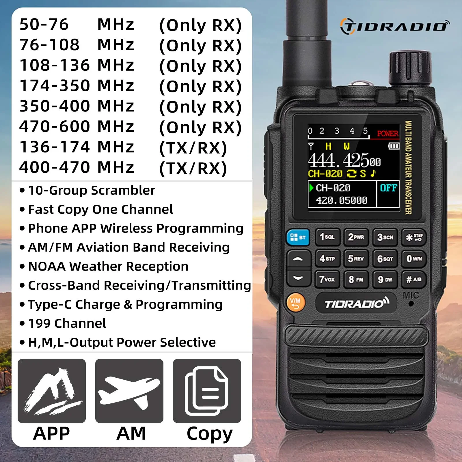 TIDRADIO H3 Walkie Talkie Phone APP Wireless Programming AM long Range Air Band Radio Dual PTT USB Type-C Programming&Charge