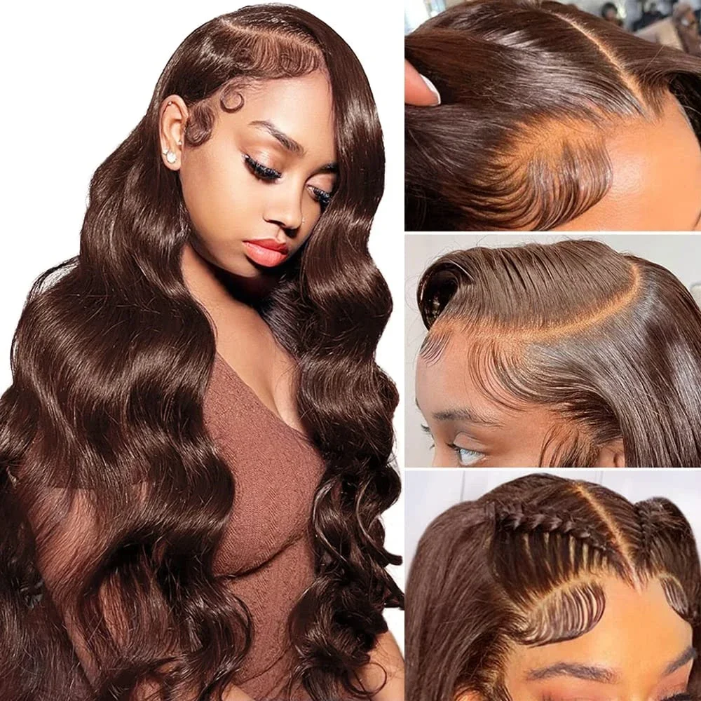 Brown Human Hair Bundles With Closure Colored Brazilian Body Wave 3/4 Bundles With HD Lace Frontal Closure Extensions For Women