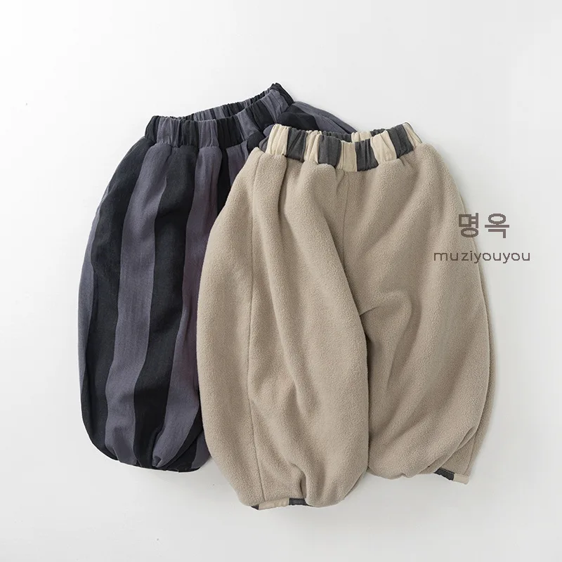 Korean Winter Kids Boys Straight Pant Plus Velvet Warm Infant Babys Boys Trousers Loose Thicken Striped Little Boys Carrot Pants