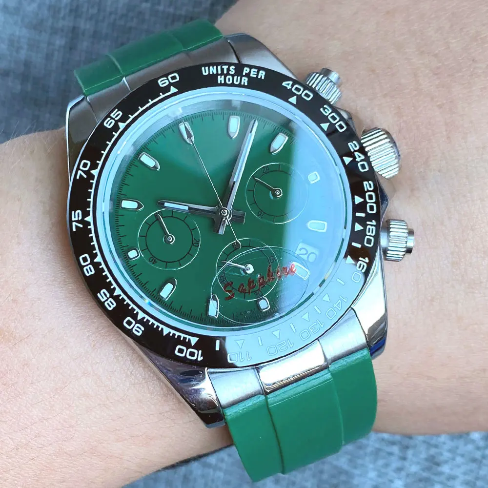 Mulitifunction Speed Chronograph Speed Watch for Men Green Nologo Sport VK63 Movement Vintage Clock Three Eye Dial DIY Logo
