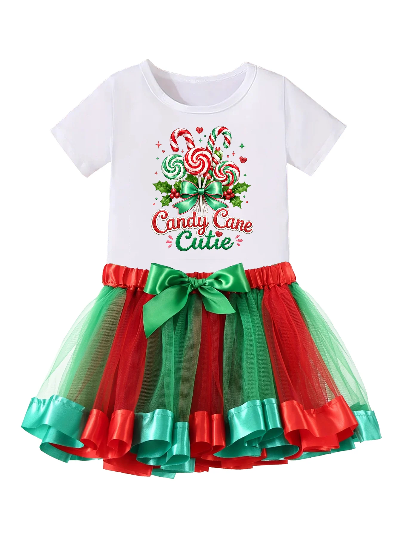 Kids Christmas Tutu Skirt Set Candy Cane Print T-shirt Red Green Mesh Pettiskirt Toddler Girl Xmas Party Outfit