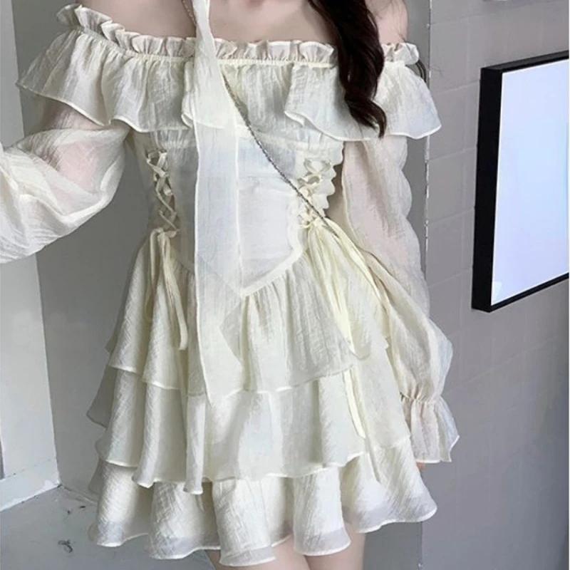 Sweet Lolita Style Dress Korean Harajuku Slash Neck Mesh Ruffles Bandage Princess Dresses Girls Cute Puff Sleeve Party Dress