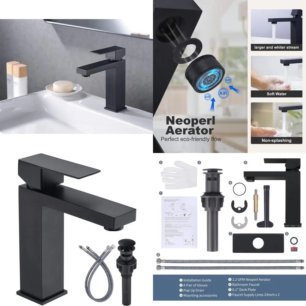 

Modern Matte Black Single Hole Bathroom Sink Faucet with Pop-Up Drain and cUPC Supply Lines