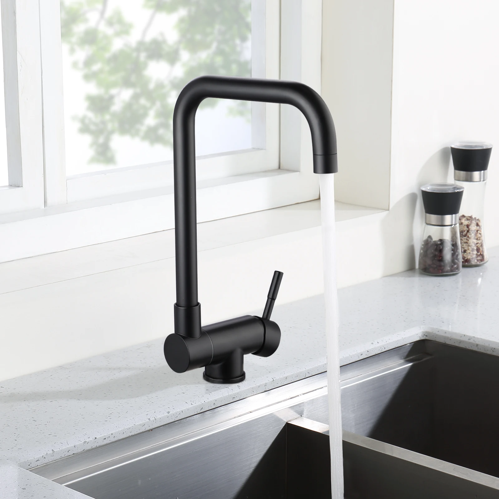 Oeegoo Front Window Kitchen Tap Matt Black 360°Rotatable Kitchen Tap Under Window Foldable 180° Single Lever Sink Tap