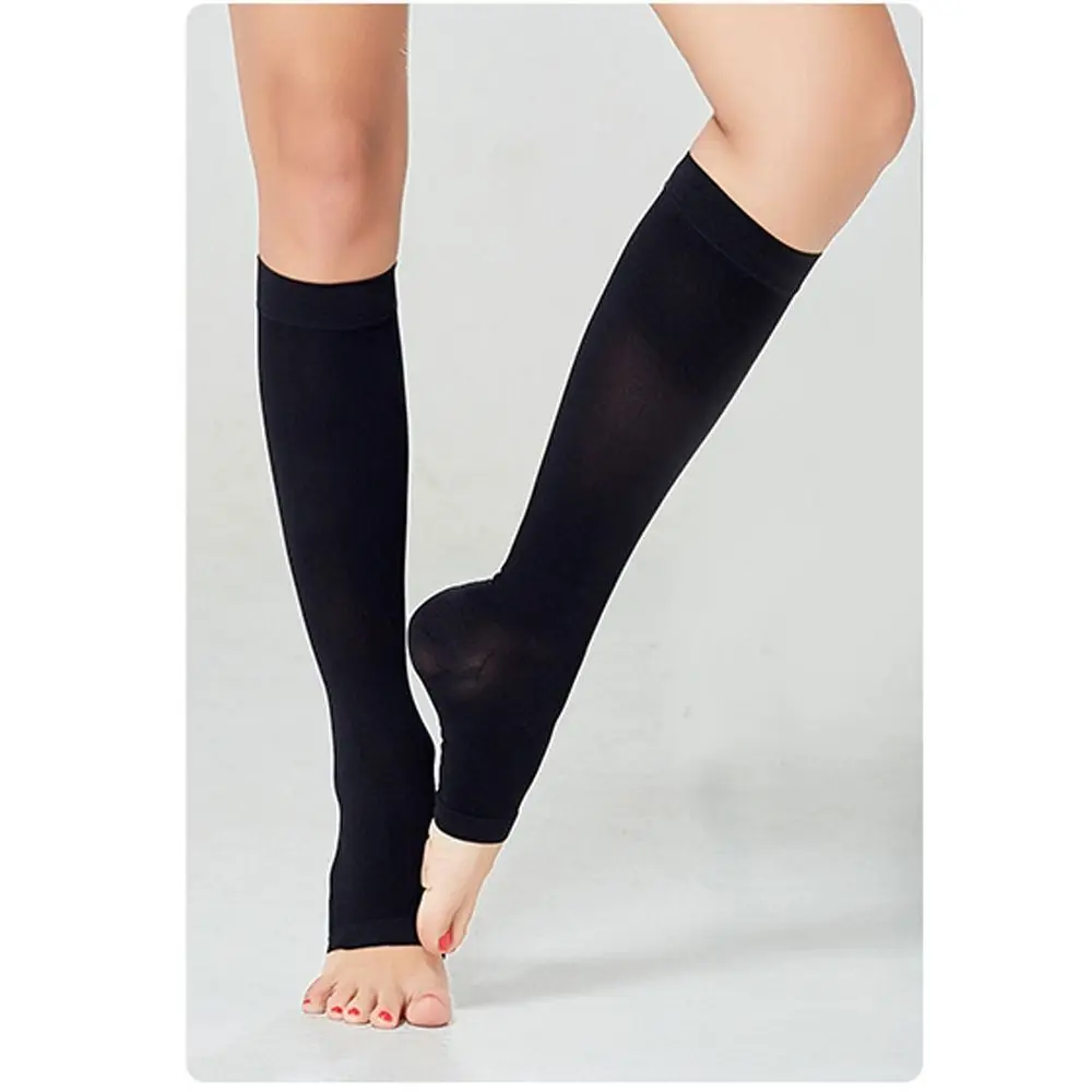 1Pair Unisex Compression Socks Anti-Fatigue Comfortable Open Toe Varicose Vein Opaque Solid Color Knee High Elastic Stocking