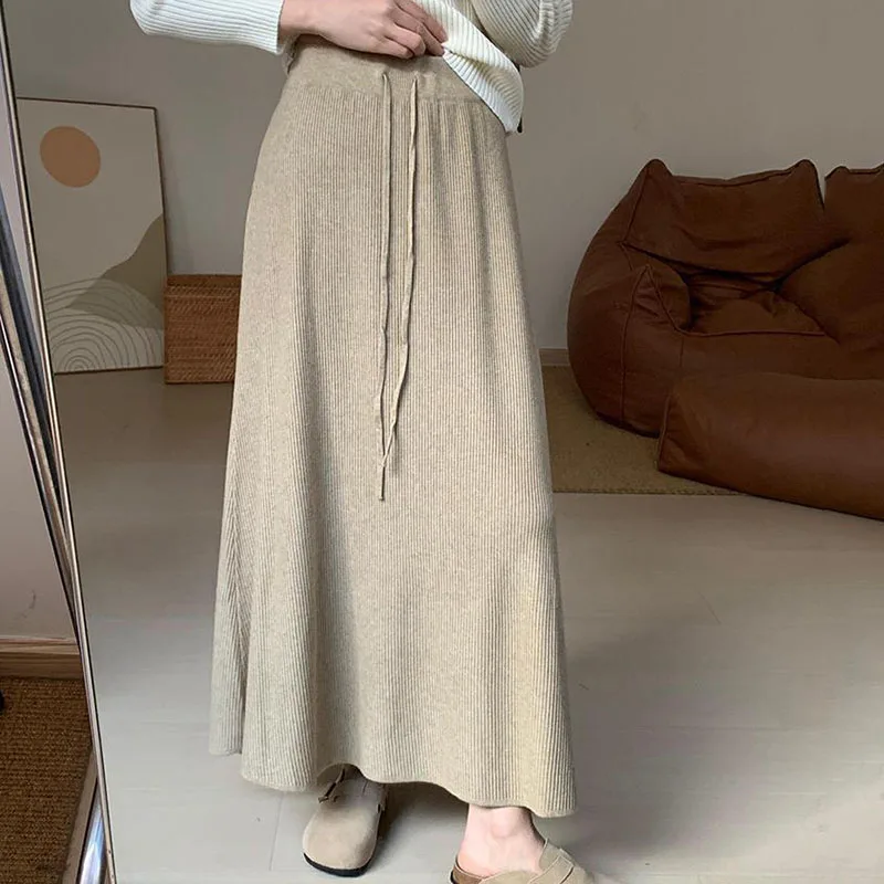 Einfarbiger, vielseitiger, lässiger Strickrock für Damen, Herbst/Winter, neuer, hochelastischer, weicher, gerippter, langer Rock, eleganter Retro-Maxirock