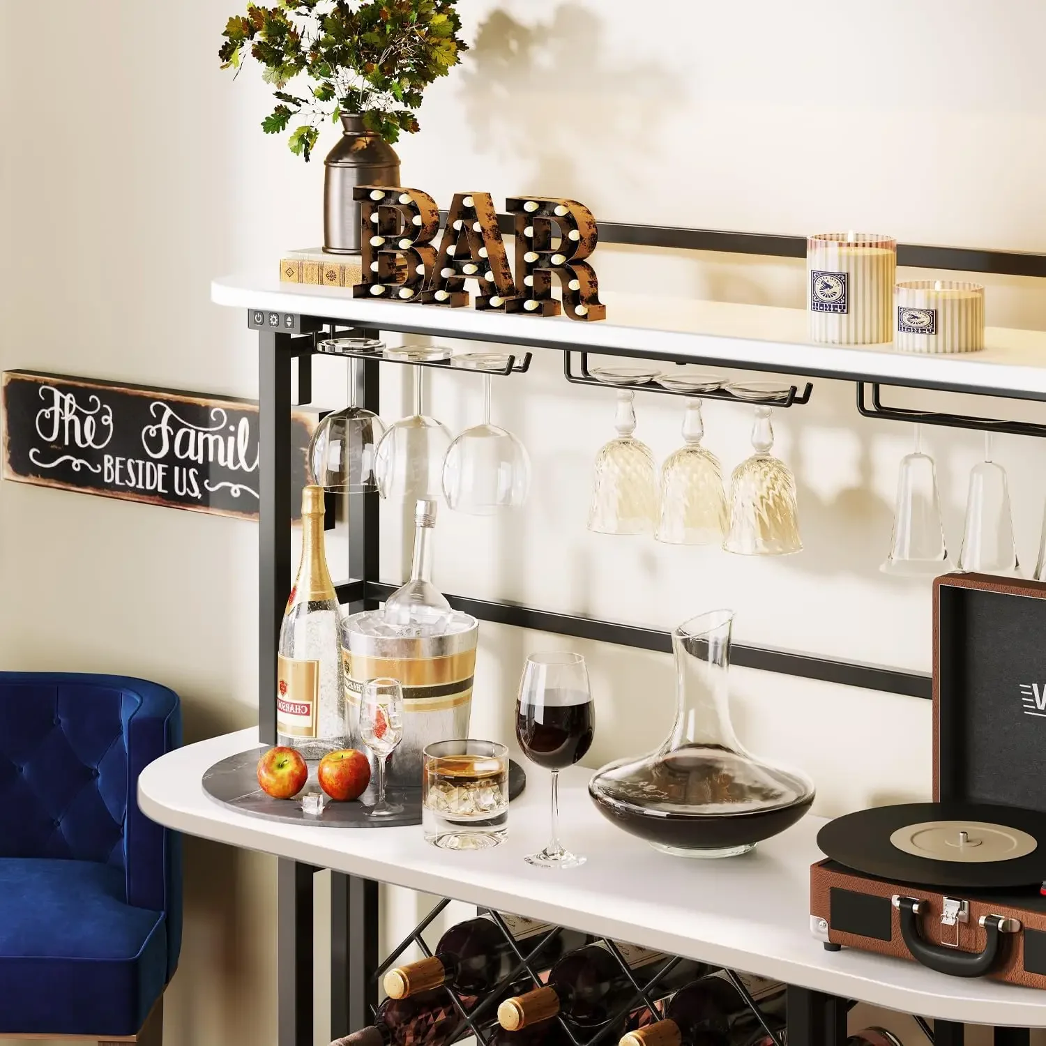 Bar Table Cabinet with Glass Holder, Freestanding Coffee Bar Storage Shelves, 5-Tier Liquor Cabinet