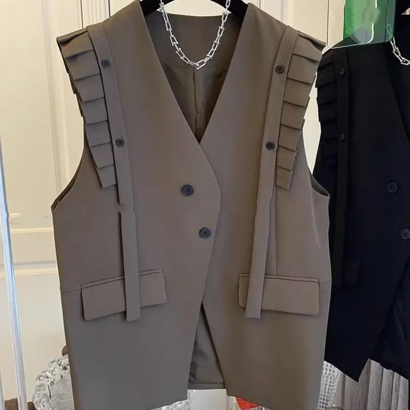 

Spring new style suit vest with elegant pleated collar, sleeveless cardigan, loose casual women's top