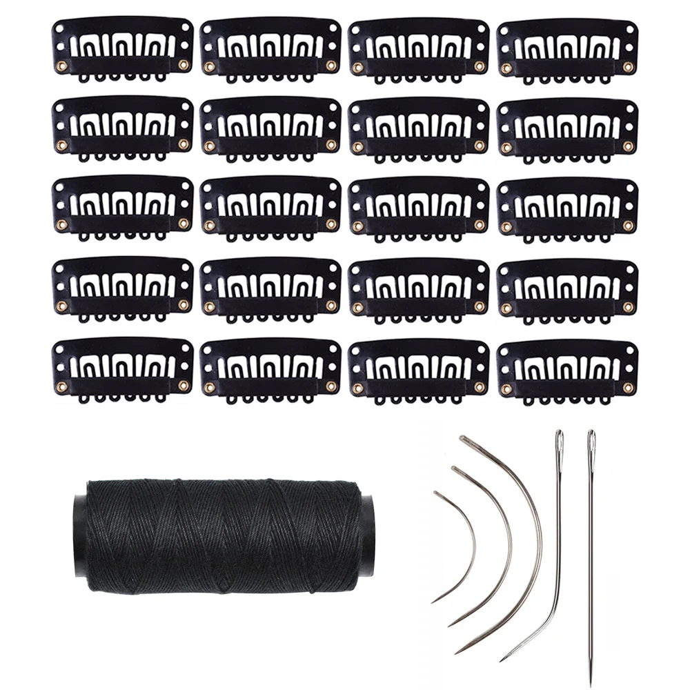 U Shape Wigs Clip In Hair Extension Wig Clip, Hair Weaving Threads 1 Rolls and 5 C J Shape Curved Needle I Needle,26pcs/set