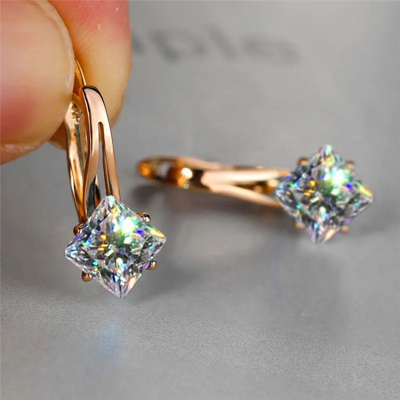 Cute Female Champagne Square Jewelry Luxury Crystal Zircon Stone Hoop Earring Rose Gold Color Wedding Earrings For Women