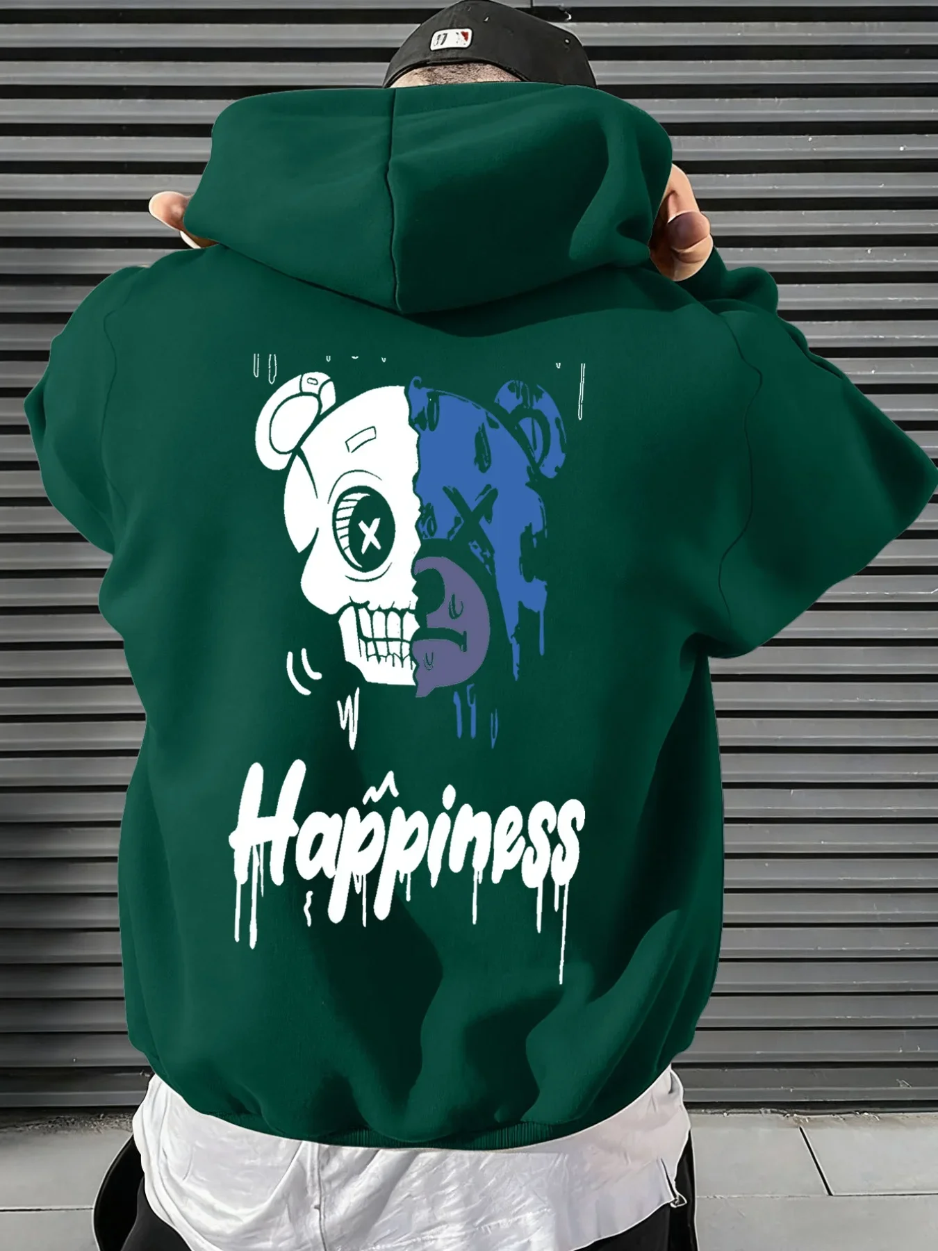 Dripping Paint Split Skull Bear Artwork Back Print Daily Wear Streetwear Pullover Hoodie Hip Hop Unisex Loose Hooded Sweatshirt