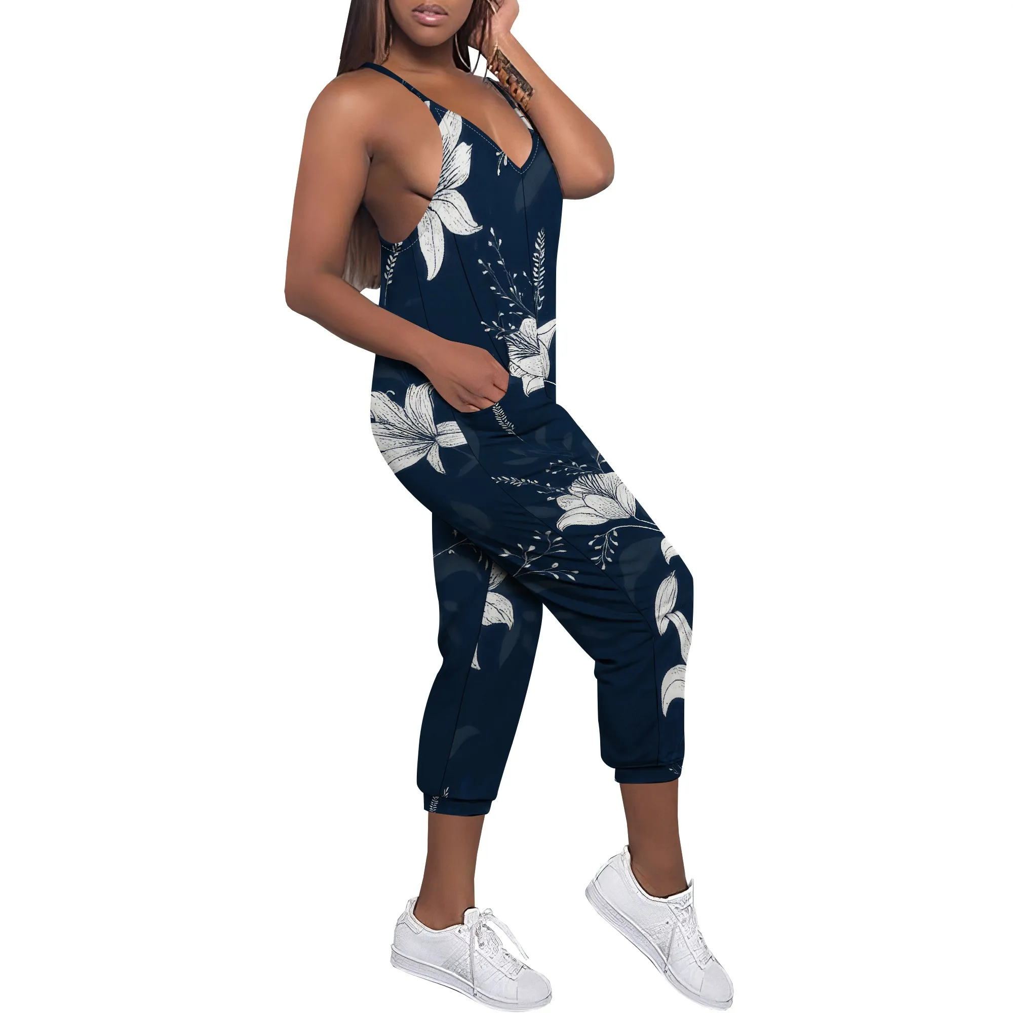 Summer New Multi Colored Printed Loose Elastic Women's Deep V Neck Sleeveless Slim Shoulder Strap Leg Strap Pocket Jumpsuit