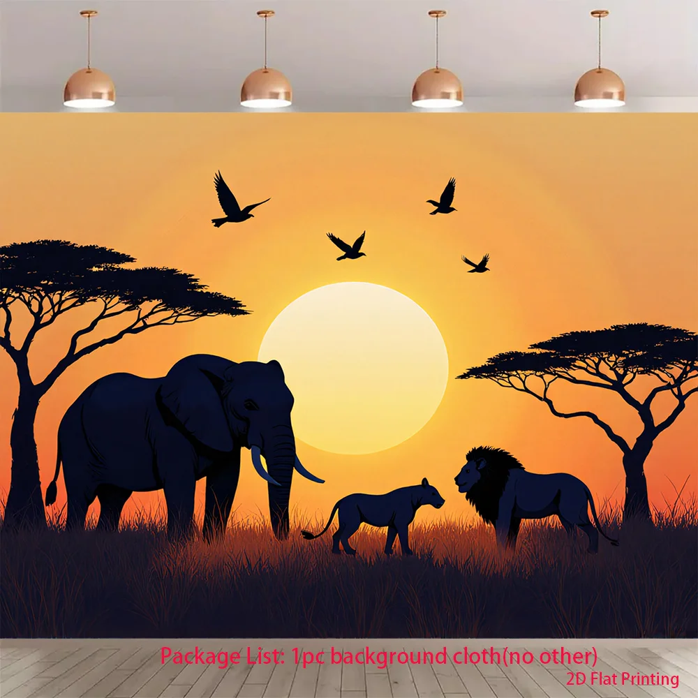 African Safari Sunset Elephant Lion Silhouette Acacia Tree Tapestry 2D Flat Wildlife Landscape Wall Hanging for Living RoomDecor
