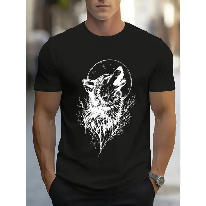 

Wolf Howling T-shirt Men Women Animal Graphic Tee Moon Night Top Vintage Grunge Style Streetwear Trendy Shirt