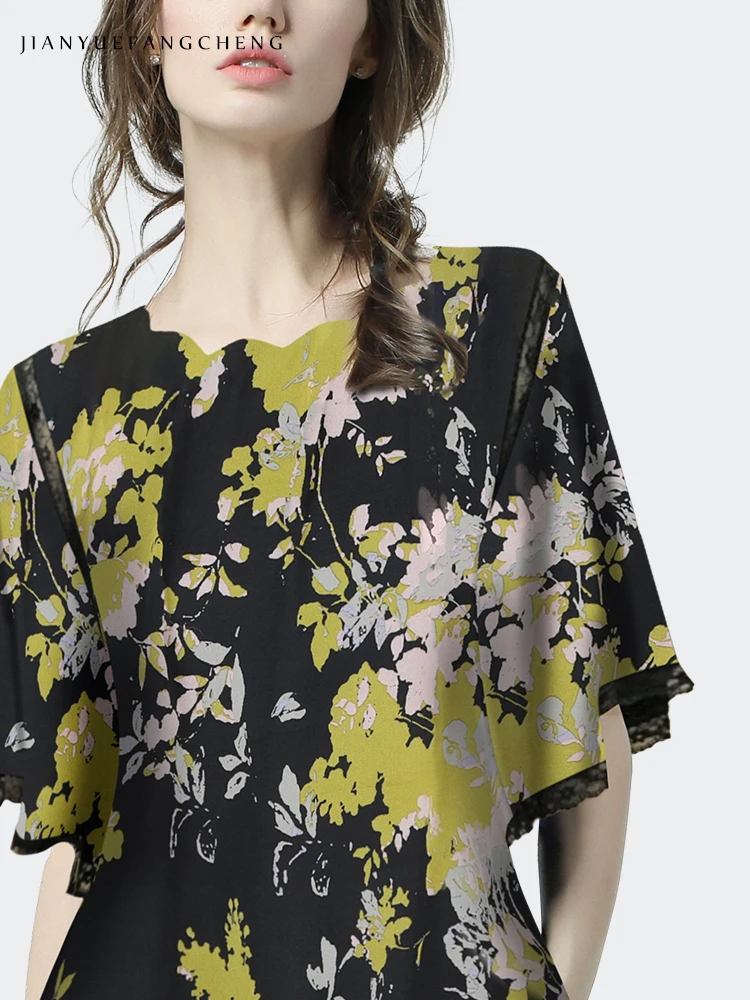 2024 Summer Women Floral Printed Chiffon Blouse Wave Neck Loose Slimming Bottom Shirt Top Short Sleeve Pullover Shirt