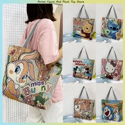 Retro Shoulder Bags Large Capacity Casual Commuting Tote Bags Women's Cartoon Anime Canvas Handbags Stitch Winnie Bag Shopping