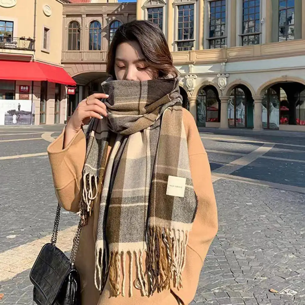 Women Winter Scarf Color Matching Tassel Wide Long Plaid Print Scarf Thick Sock Warm Windproof Lady Neck Wrap Shawl