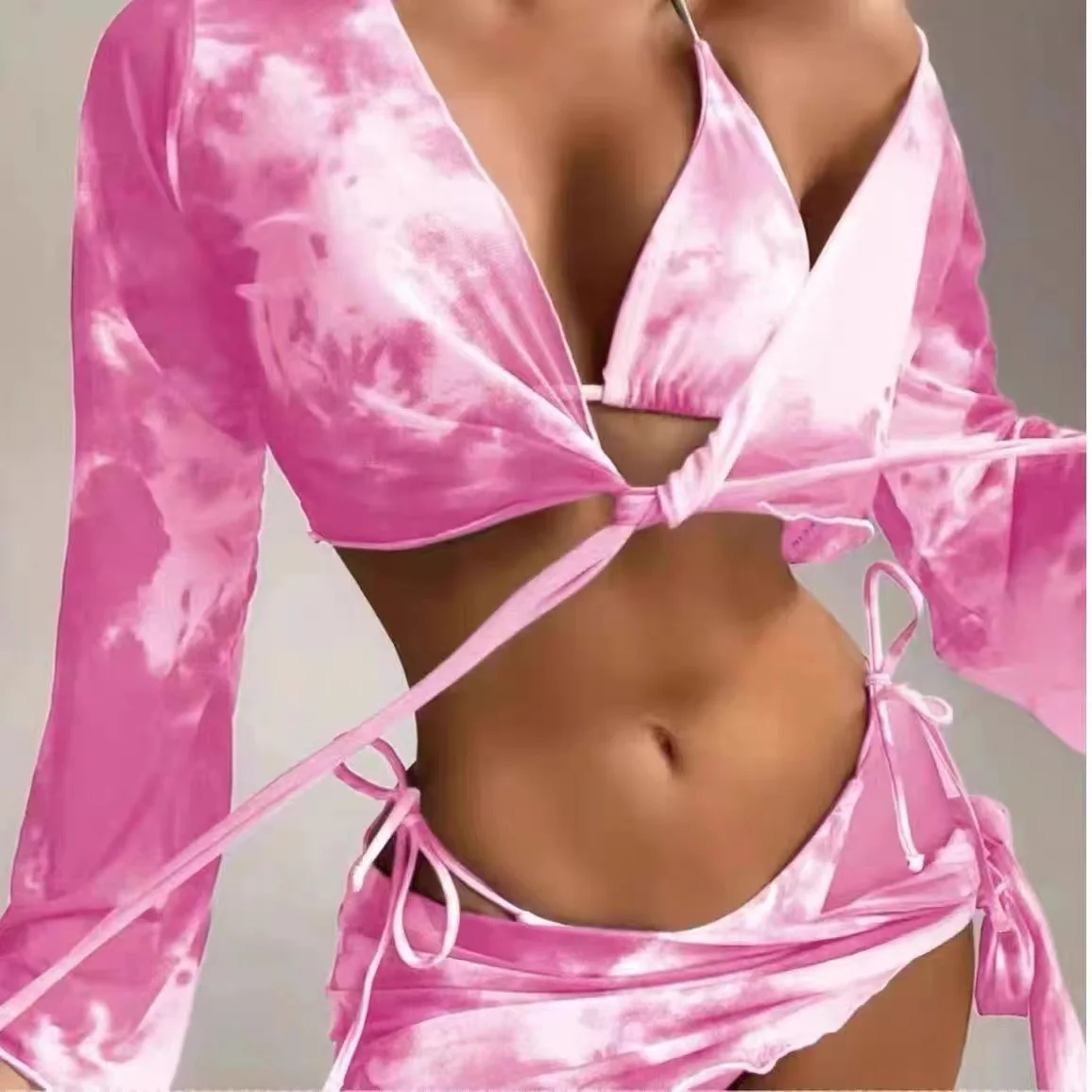 Women's INS Sexy Tie-dye Split Bikini Set, Chiffon Cover-up Smock, Push Up, Vacation Swimwear