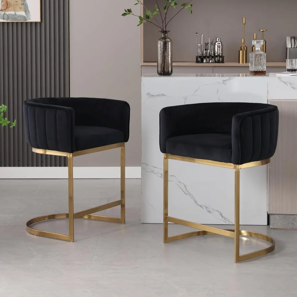 

24" Modern Counter Height Bar Stools for Kitchen Island Velvet Upholstered Barrel Stool Chair with Arm and Golden Metal Legs