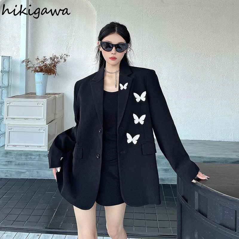 Female Blazers Streetwear Chic Jacket Women Clothing Casual Black Outwear Embroidery Butterfly Casual Overdsized Coat Y2k Tops