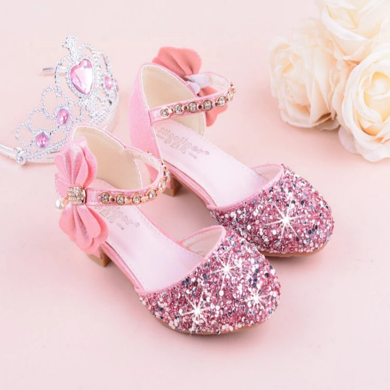 Girls High Heeled Leather Shoes Girls Performance Crystal Single Shoes Children\'s Sequin Silver Sandals Kids Rhinestone Sandals